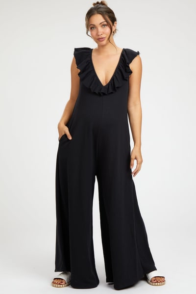 PinkBlush Black Ruffle Accent Wide Leg Maternity Jumpsuit