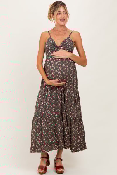 PinkBlush Olive Twist Front Tiered Maternity Midi Dress