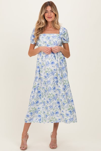 PinkBlush Blue Floral Crisscross Back Maternity Midi Dress