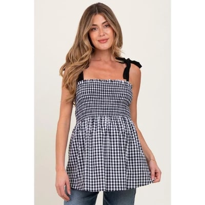 Target PinkBlush Black Gingham Smocked Shoulder Tie Maternity Top Black Small