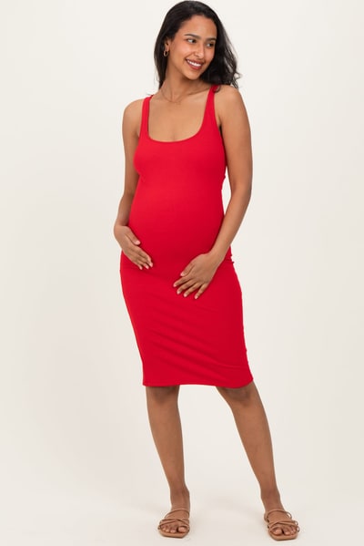 PinkBlush Red Ribbed Square Neck Maternity Tank Dress