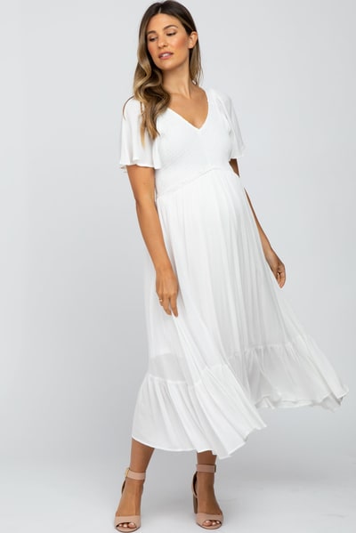 PinkBlush Ivory Smocked V-Neck Maternity Midi Dress
