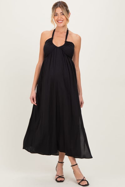 PinkBlush Black Halter Neck Side Slit Maternity Midi Dress
