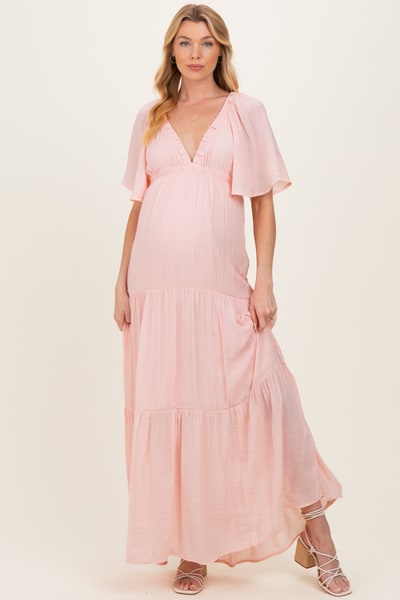 PinkBlush Light Pink Flutter Sleeve Maternity Maxi Dress