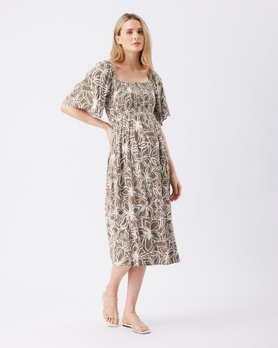Ripe Maternity Alona Shirred Dress Olive / White