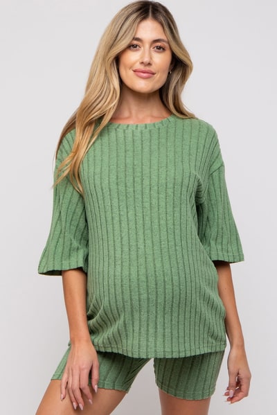PinkBlush Light Olive Ribbed Soft Short Sleeve Maternity Shorts Set