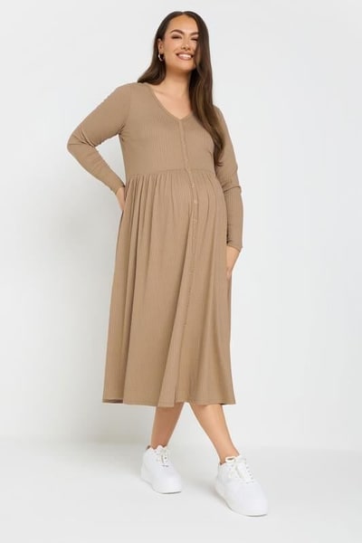 Yours Clothing BUMP IT UP MATERNITY Natural Brown Premium Ribbed Button Through Dress