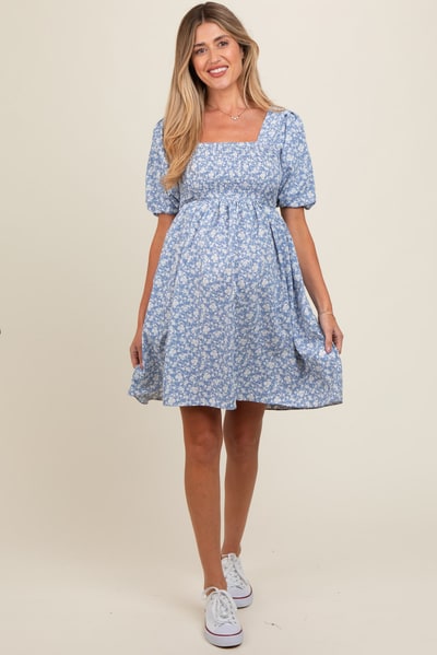 PinkBlush Light Blue Floral Smocked Tie Back Maternity Dress