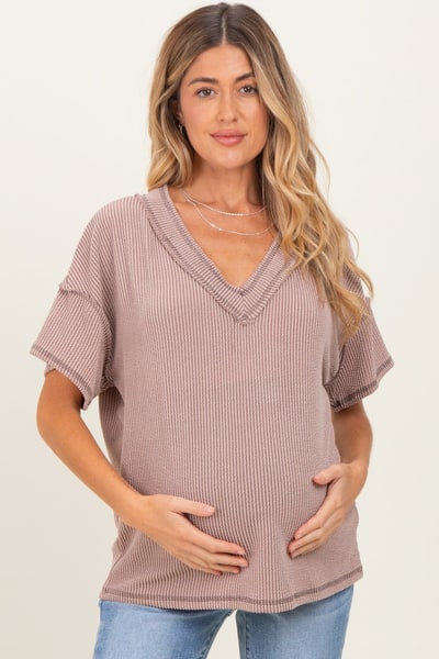 PinkBlush Taupe Ribbed Short Sleeve V-Neck Reverse Stitch Maternity Top