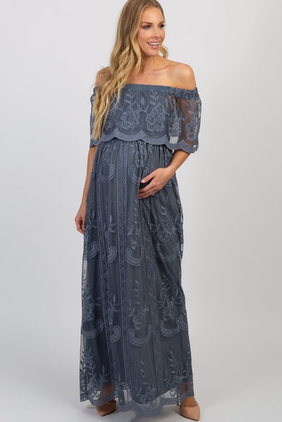 PinkBlush Blue Lace Mesh Overlay Off Shoulder Maternity Maxi Dress