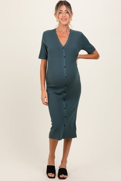 PinkBlush Forest Green Button Down Maternity Sweater Midi Dress