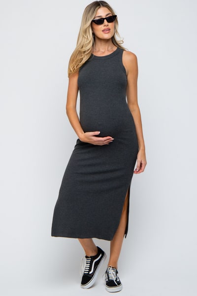 PinkBlush Charcoal Ribbed Maternity Side Slit Tank Dress