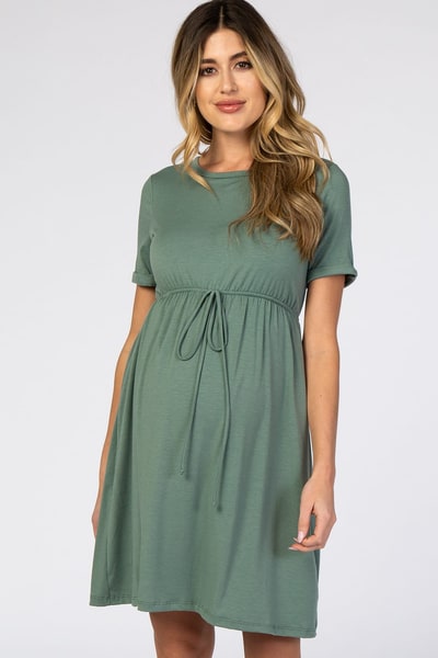PinkBlush PinkBlush Sage Green Cuff Sleeve Waist Tie Maternity Dress