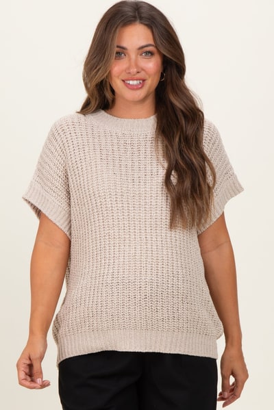 PinkBlush Beige Short Sleeve Round Neck Maternity Sweater