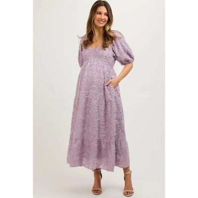 Target PinkBlush Lavender Fringe Textured Short Puff Sleeve Maternity Midi Dress Lavender Medium