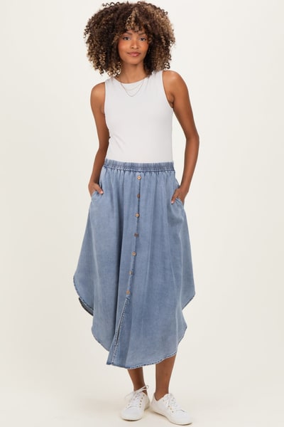 PinkBlush Blue Chambray Tulip Hem Maternity Midi Skirt