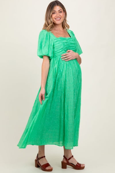 PinkBlush Green Embroidered Shirred Puff Sleeve Maternity Maxi Dress