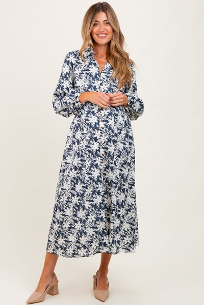 PinkBlush Navy Floral Button Down Long Sleeve Maternity Midi Dress