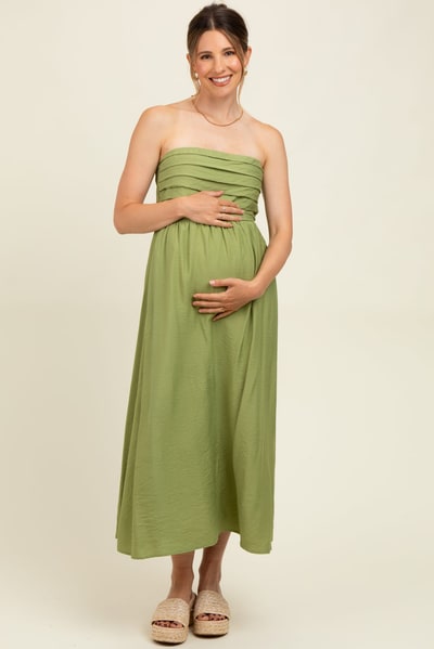 PinkBlush Light Olive Pleated Bodice Strapless Maternity Midi Dress