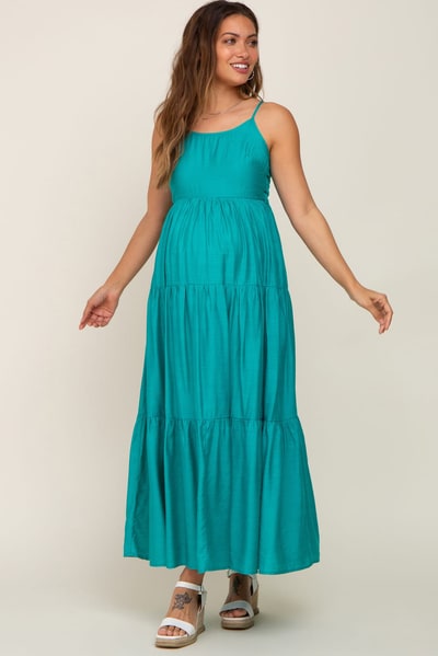 PinkBlush Green Tiered Maternity Maxi Dress