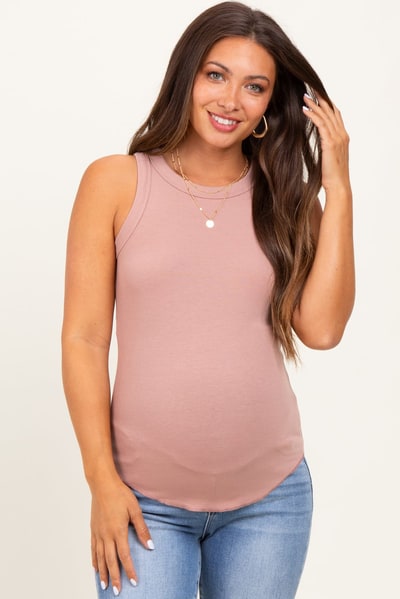 PinkBlush Mauve Ribbed Basic Crew Neck Maternity Tank