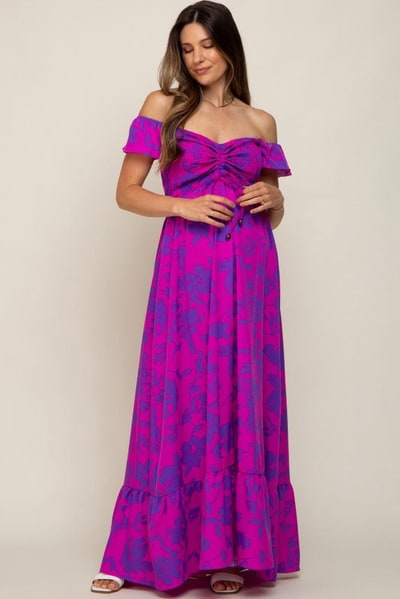 PinkBlush Magenta Floral Smocked Cinched Top Maternity Maxi Dress