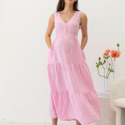 Angel Maternity Kiara Linen Maternity Maxi Dress in Pink