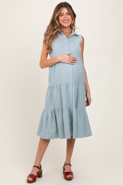 PinkBlush Light Olive Tiered Sleeveless Maternity Midi Shirt Dress