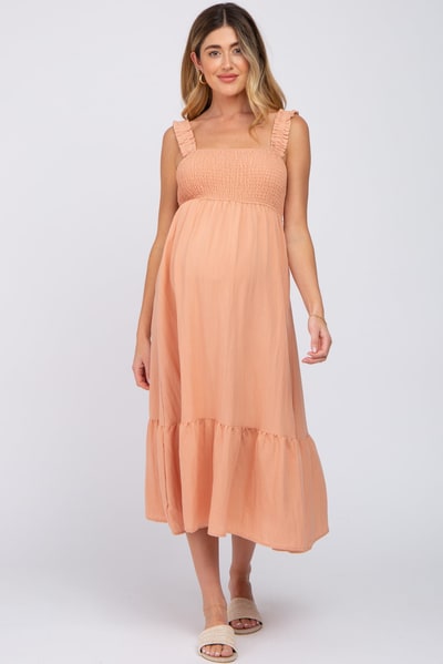 PinkBlush Peach Smocked Maternity Midi Dress