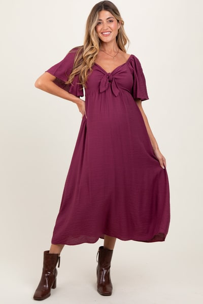 PinkBlush Plum Front Tie Ruffle Sleeve Maternity Midi Dress