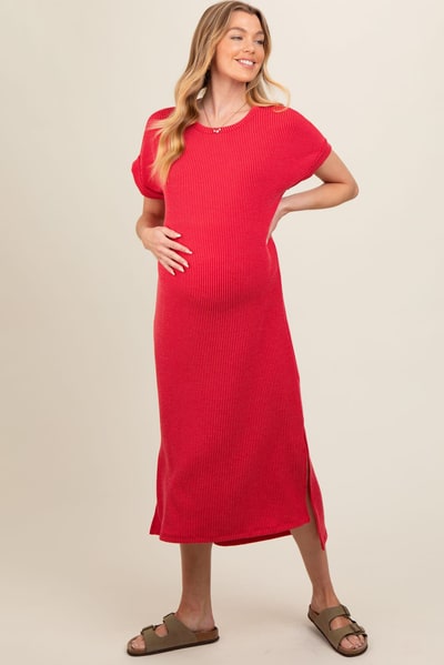 PinkBlush Red Ribbed Short Sleeve Maternity Midi Dress