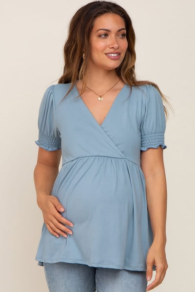 PinkBlush Blue Puff Sleeve Crossover Maternity/Nursing Top