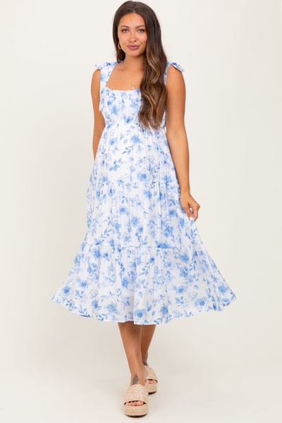 PinkBlush Blue Floral Shoulder Tie Tiered Maternity Midi Dress