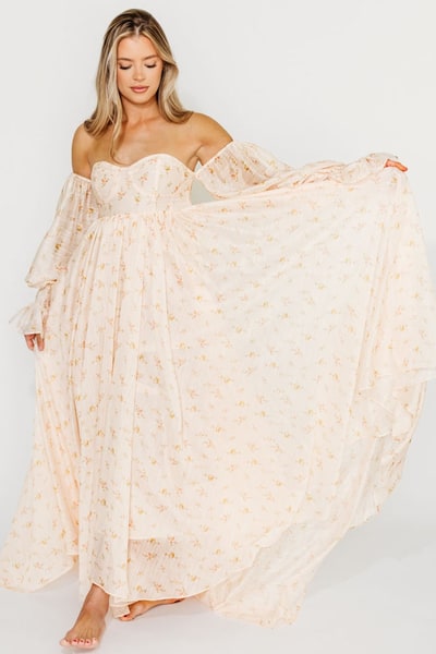 Worth Collective Delilah Maxi Dress with Train in Peach - Bump Friendly (XS-3XL)