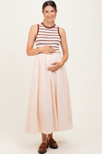 PinkBlush Cream Contrast Striped Bodice Sleeveless Maternity Maxi Dress