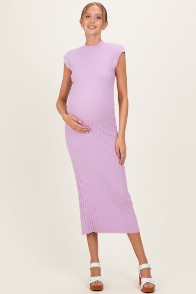PinkBlush Light Pink Ribbed Knit Mock Neck Maternity Maxi Dress