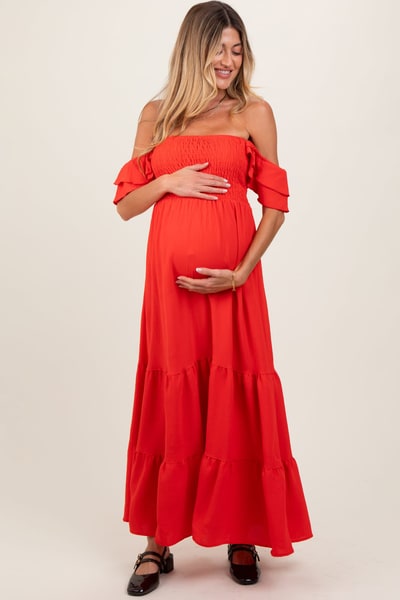 PinkBlush Red Smocked Ruffle Off Shoulder Tiered Maternity Maxi Dress