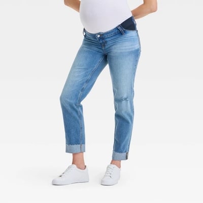 Target Under Belly Low-Rise Straight Maternity Pants - Isabel Maternity by Ingrid & Isabel™ Medium Wash 17: Cotton Denim, Stretch, Rolled Hem