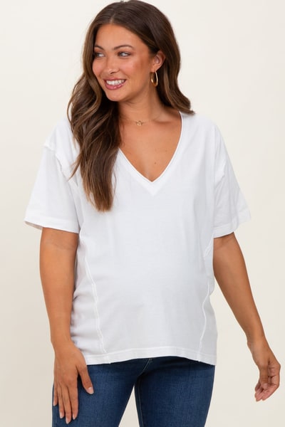 PinkBlush White Raw Edge V-Neck Short Sleeve Maternity T-Shirt