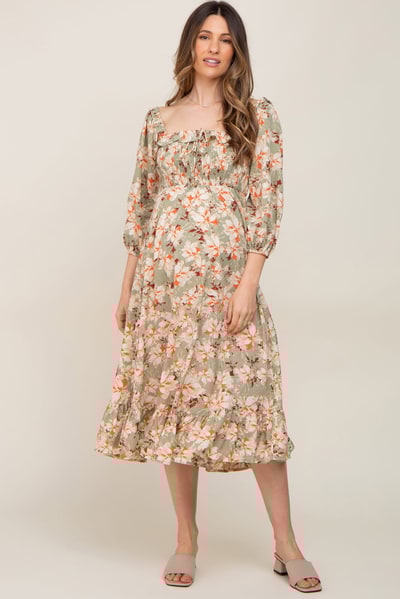 PinkBlush Light Olive Floral Ruffle Square Neck Smocked Front Tie Maternity Midi Dress