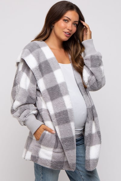 PinkBlush Grey Plaid Maternity Hooded Cardigan