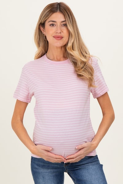 PinkBlush Pink/White Short Sleeve Round Neck Stripe Maternity Tee