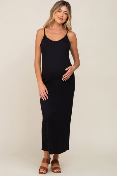 PinkBlush Black Ribbed Sleeveless Maternity Maxi Dress