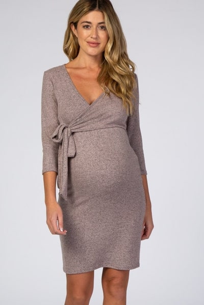 PinkBlush Pink Brushed Knit Wrap Fitted Maternity/Nursing Dress