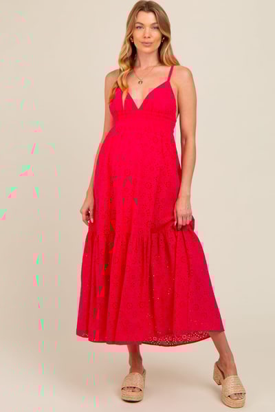 PinkBlush Fuchsia Eyelet Lace Maternity Midi Dress