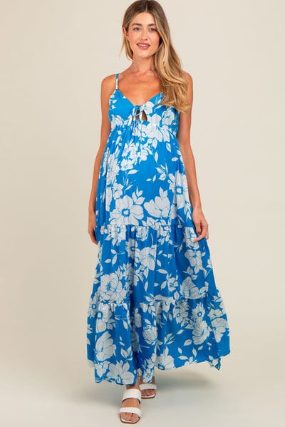 PinkBlush Royal Tropical Floral Open Back Maternity Maxi Dress