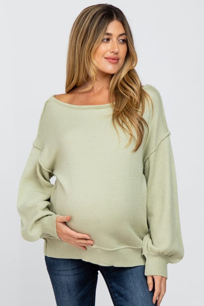 PinkBlush Light Olive Boat Neck Bubble Sleeve Maternity Sweater