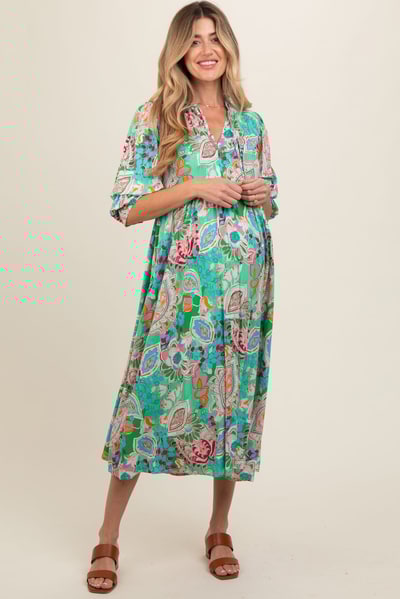 PinkBlush Emerald Paisley Print Tiered A-Line Maternity Midi Dress