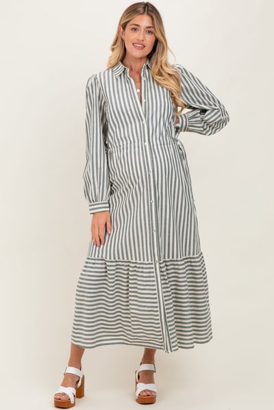 PinkBlush Green Striped Collared Button Down Waist Tie Maternity Maxi Dress
