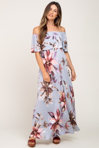 PinkBlush Light Blue Floral Off Shoulder Maternity Maxi Dress